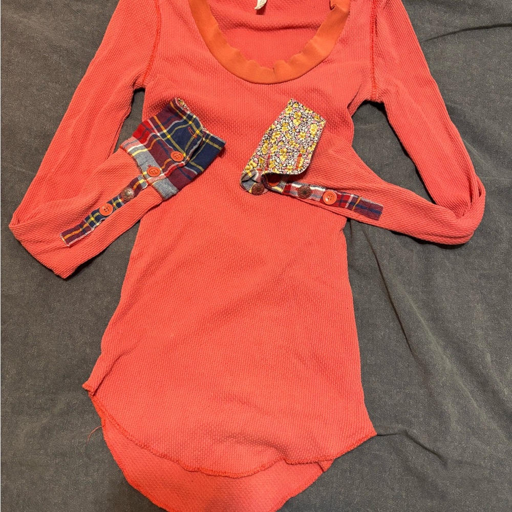 Women's Coral Long Sleeve Thermal Top with Plaid Cuffs